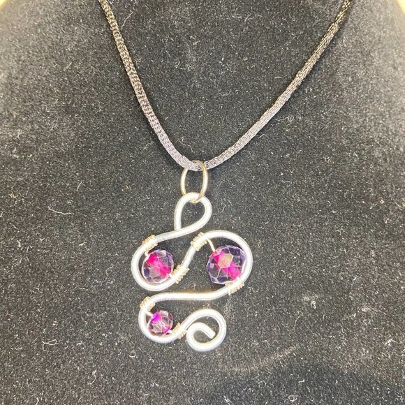 Deep Purple Faceted Glass Bead Adorned Stainless Steel Swirl Pendant - Picture 2 of 8